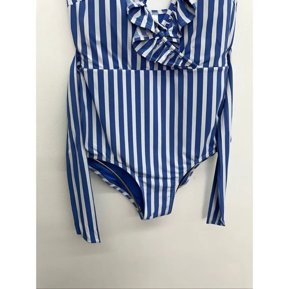 Vineyard Vines Women’s Blue and White Sail Stripe Ruffle One-Piece Swimsuit